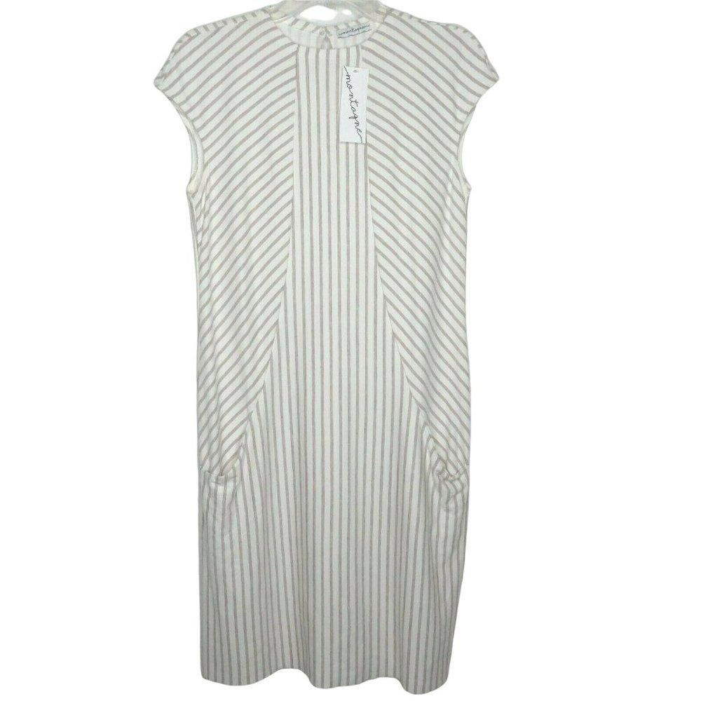 New Montagne Striped Dress M White Beige Stretch Knit Viscose
